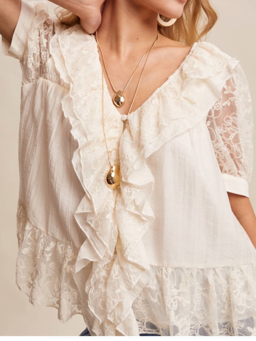 Piper & Scoot: The Vardiman Lace Trim Blouse in Cream by Listicle